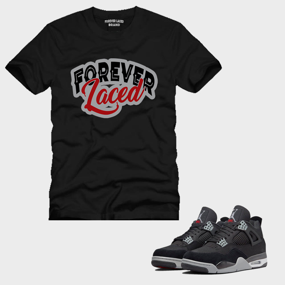 Forever Laced T-Shirt to match Retro Jordan 4 Black Canvas sneakers