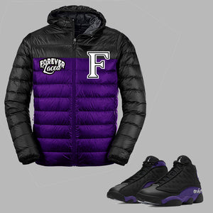 Forever Laced Hooded Bubble Jacket to match Retro Jordan 13 Purple