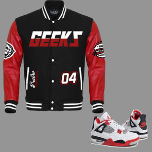 GEEKS 1 Fire Red Varsity Jacket to match Retro Jordan 4 Fire Red