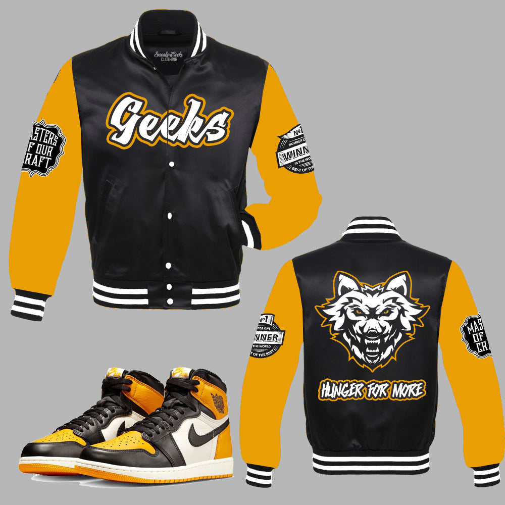 Hunger For More Satin Jacket to match Retro Jordan 1 Taxi Sneakers
