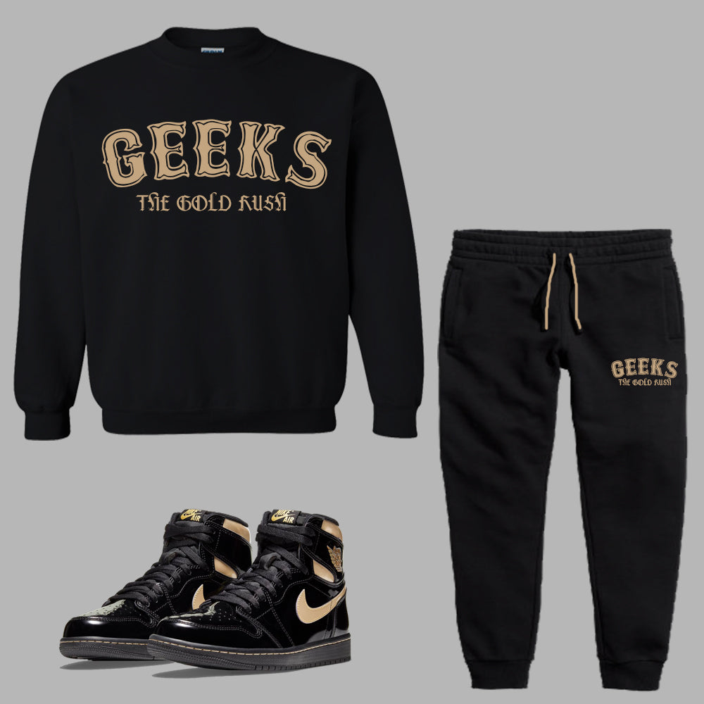 GEEKS Gold Rush Crewneck Sweatsuit to match Retro Jordan 1 Black Metallic Gold