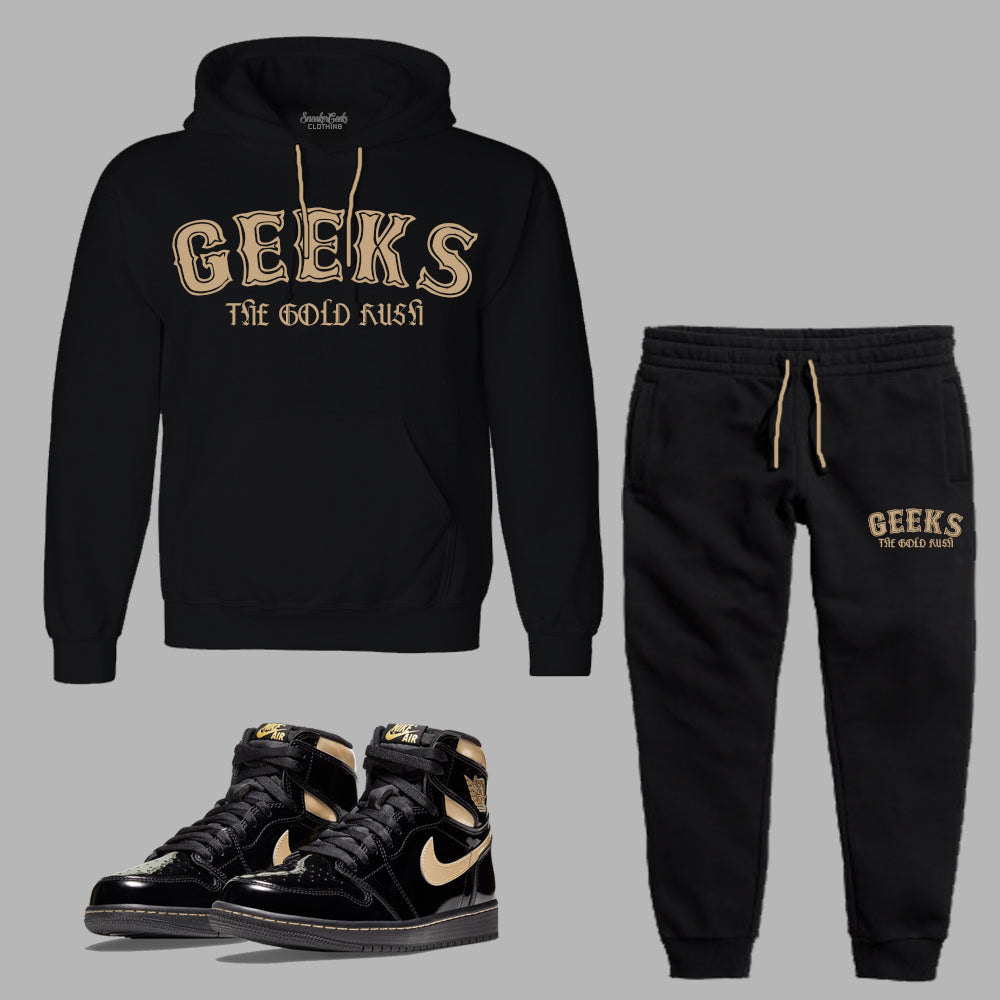 GEEKS Gold Rush Hooded Sweatsuit to match Retro Jordan 1 Black Metallic Gold
