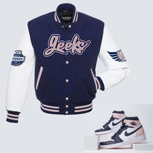 Load image into Gallery viewer, GEEKS Varsity Jacket to match Retro Jordan 1 Atmosphere Obsidian
