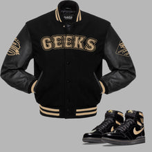 Load image into Gallery viewer, GEEKS Varsity Jacket to match the Retro Jordan 1 Metallic Gold
