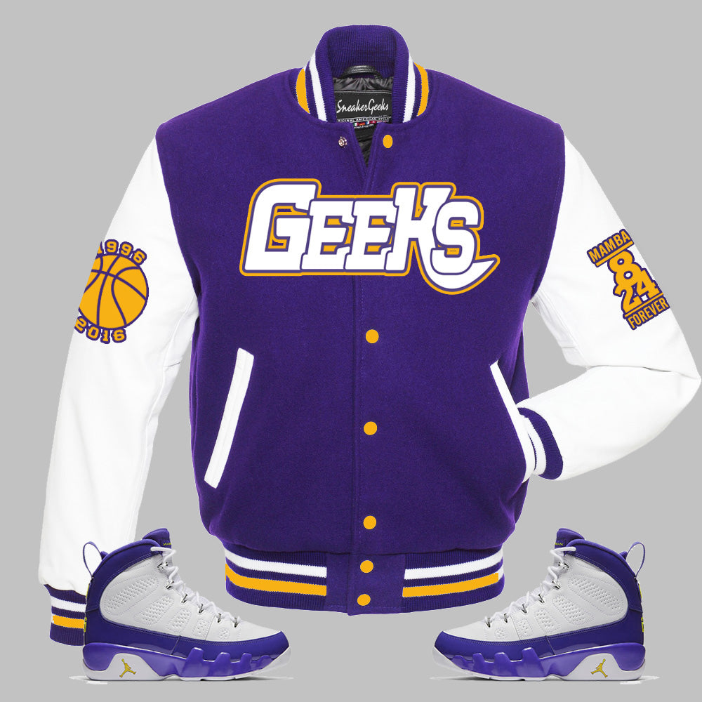 Mamba Forever Varsity Jacket to match Retro Jordan 9 Kobe sneakers