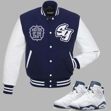 Load image into Gallery viewer, Masters Of Our Craft Varsity Jacket to match Retro Jordan 6 Midnight Navy
