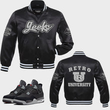 Load image into Gallery viewer, RETRO UNIVERSITY Satin Jacket to match Retro Jordan 4 Black Canvas
