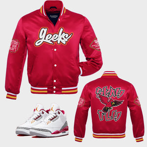 STAY FLY Satin Jacket to match the Retro Jordan 3 Cardinal Red