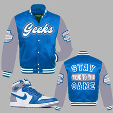 Load image into Gallery viewer, Stay True To The Game Satin Jacket to match Retro Jordan 1 True Blue sneakers
