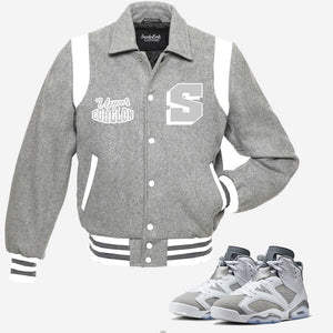 Upper Echelon Vintage Varsity Jacket to match the Retro Jordan 6 Cool Grey