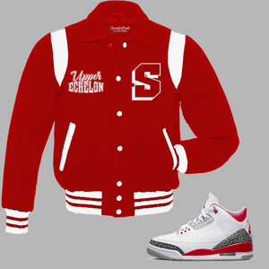 Upper Echelon Vintage Varsity Jacket to match Jordan 3 Fire Red sneakers