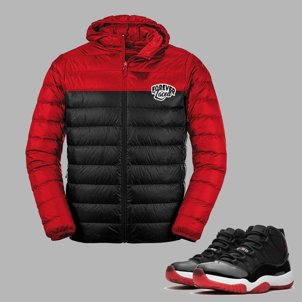 Forever Laced Bubble Jacket to match Retro Jordan 11 Bred sneakers