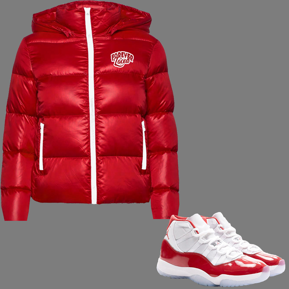 Forever Laced Detachable Hooded Bubble Jacket to match the Retro Jordan 11 Cherry