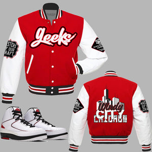 GEEKS Chicago Varsity Jacket to match the Retro Jordan 2 OG Chicago sneakers