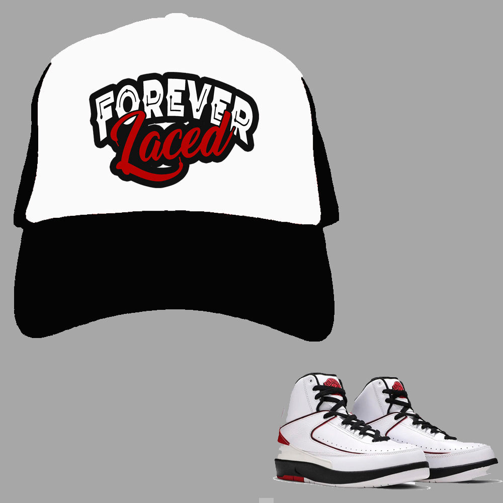 Forever Laced Mesh Trucker Hat to match Retro Jordan 2 OG Chicago sneakers
