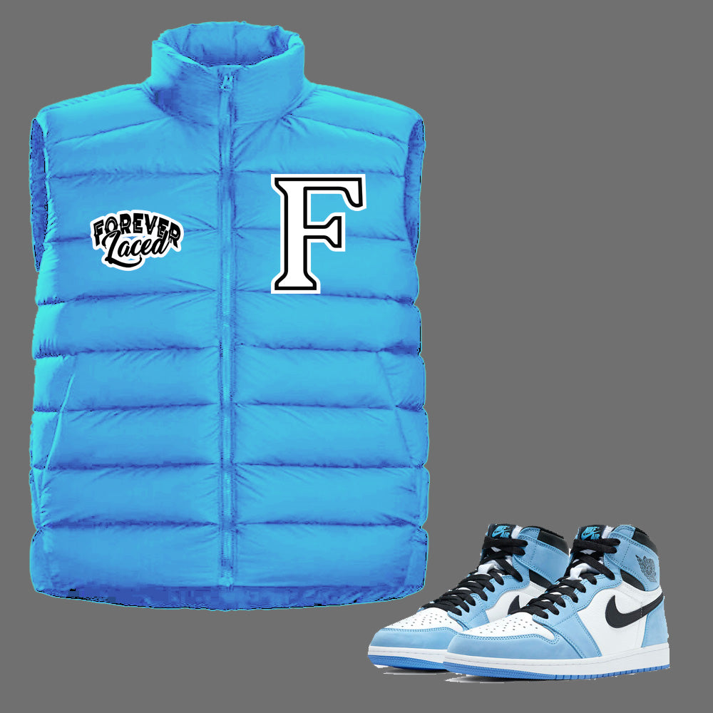 Forever Laced Bubble Vest to match Retro Jordan 1 University Blue