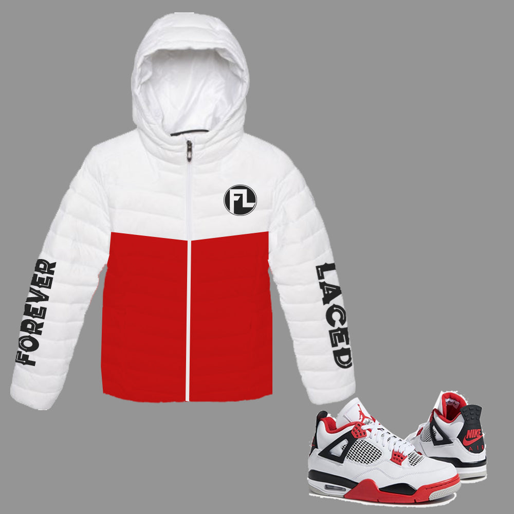 Forever Laced FL Bubble Jacket to match Retro Jordan 4 Fire Red