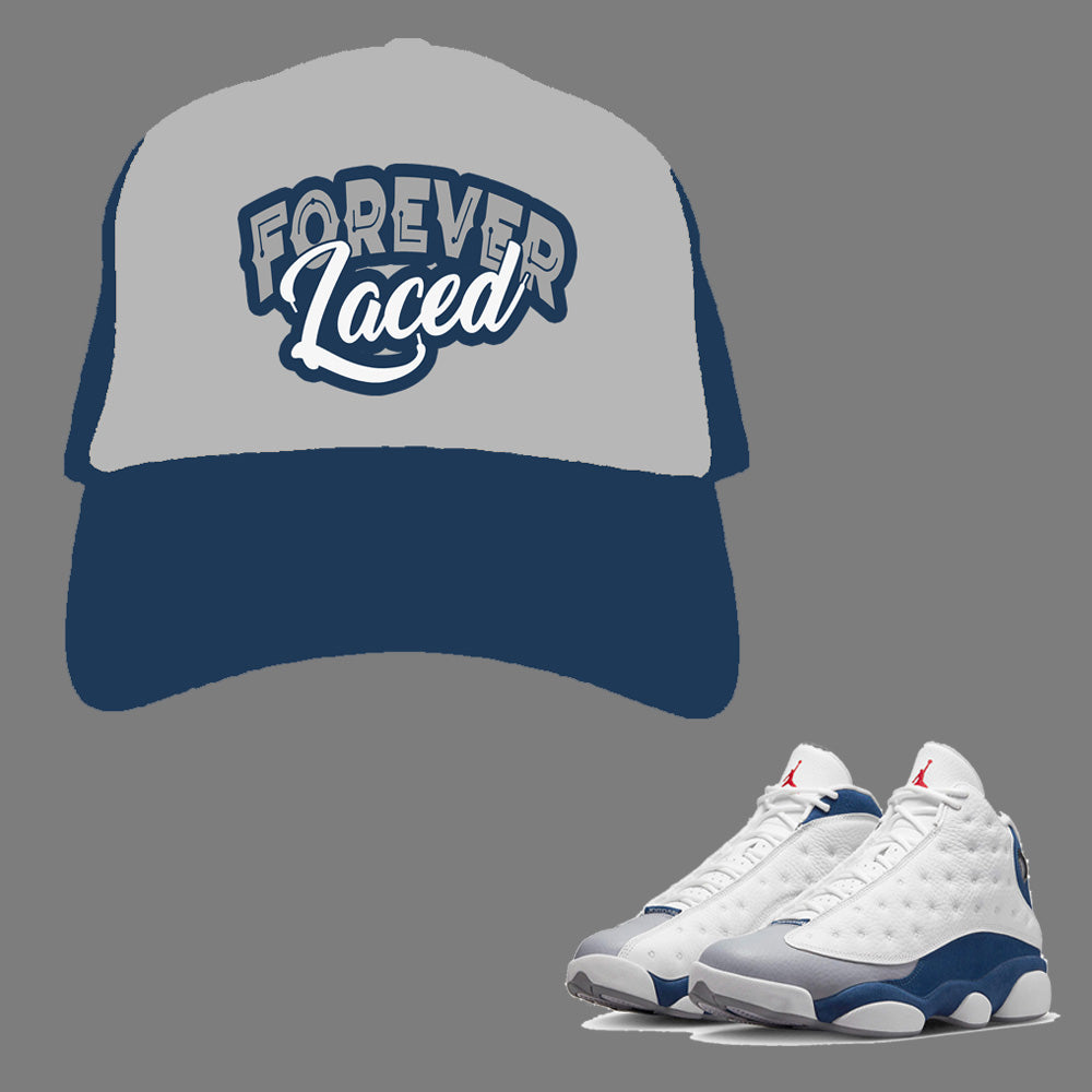 Forever Laced Mesh Trucker Hat to match Retro Jordan 13 French Blue