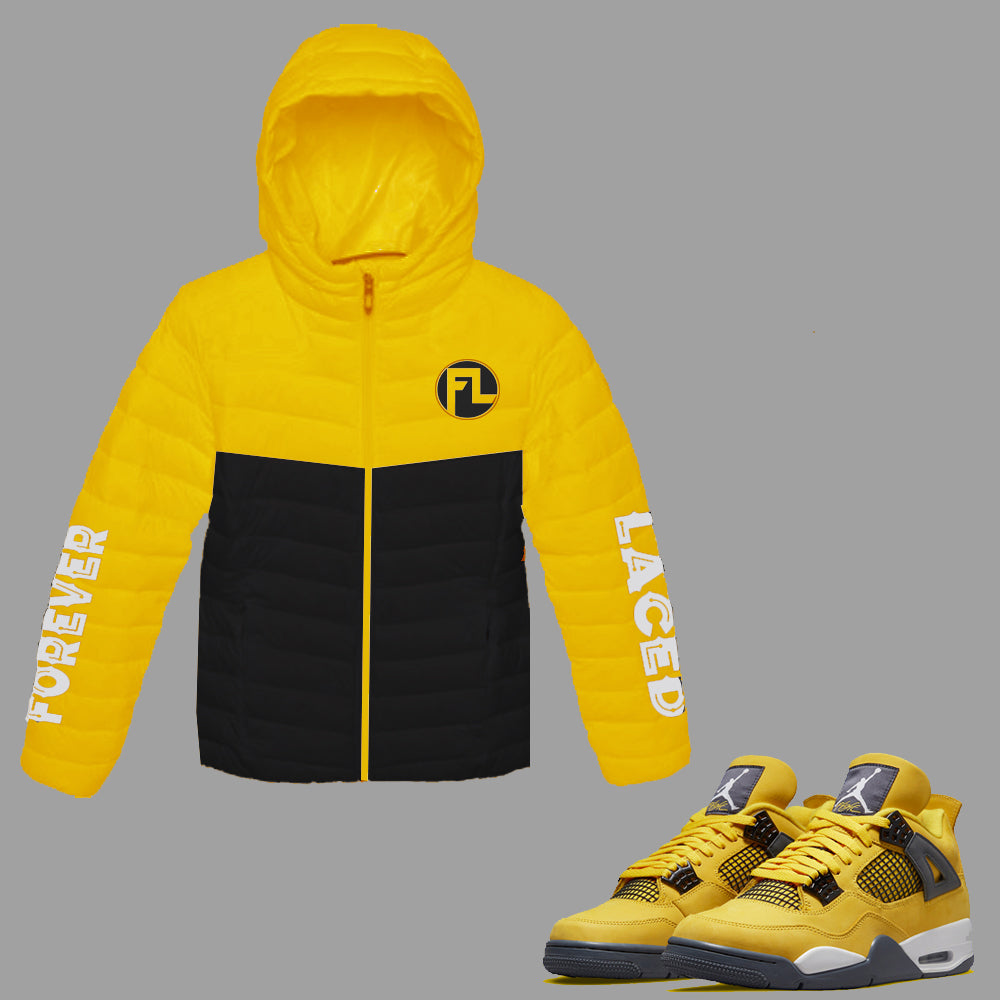 Forever Laced FL Hooded Bubble Jacket to match Retro Jordan 4 Lighting