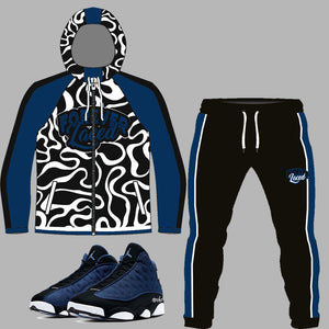 Forever Laced Windbreaker Outfit to match Retro Jordan 13 Midnight Brave Blue