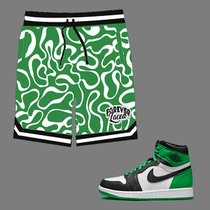 Forever Laced Shorts to match Retro Jordan 1 Lucky Green sneakers