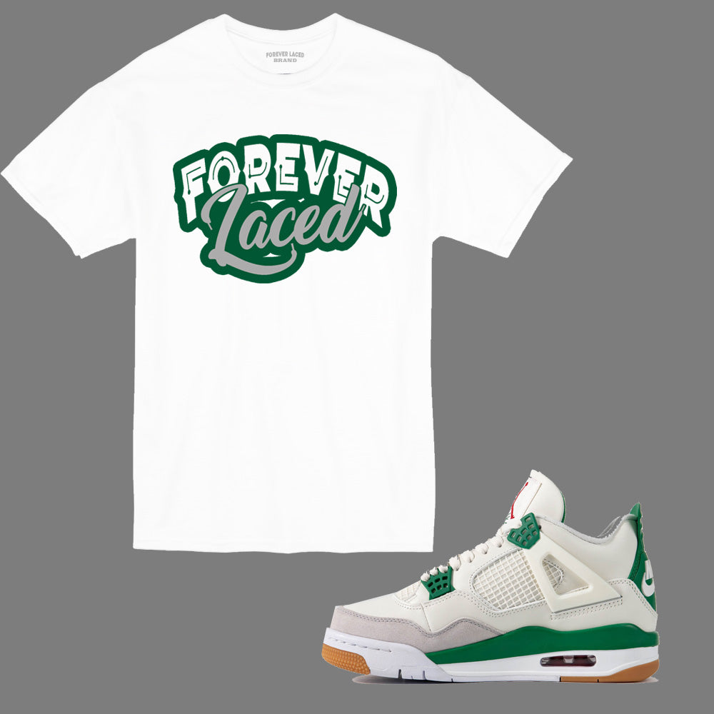Forever Laced T-Shirt to match Retro Jordan 4 Pine Green sneakers