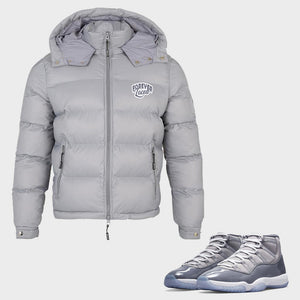 Forever Laced Detachable Hooded Bubble Jacket to match Retro Jordan 11 Cool Grey