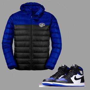 Forever Laced Bubble Jacket to match Retro Jordan 1 Royal Toe sneakers