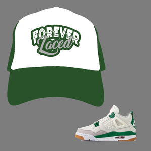 Forever Laced Mesh Trucker Hat to match Retro Jordan 4 Pine Green Sneakers