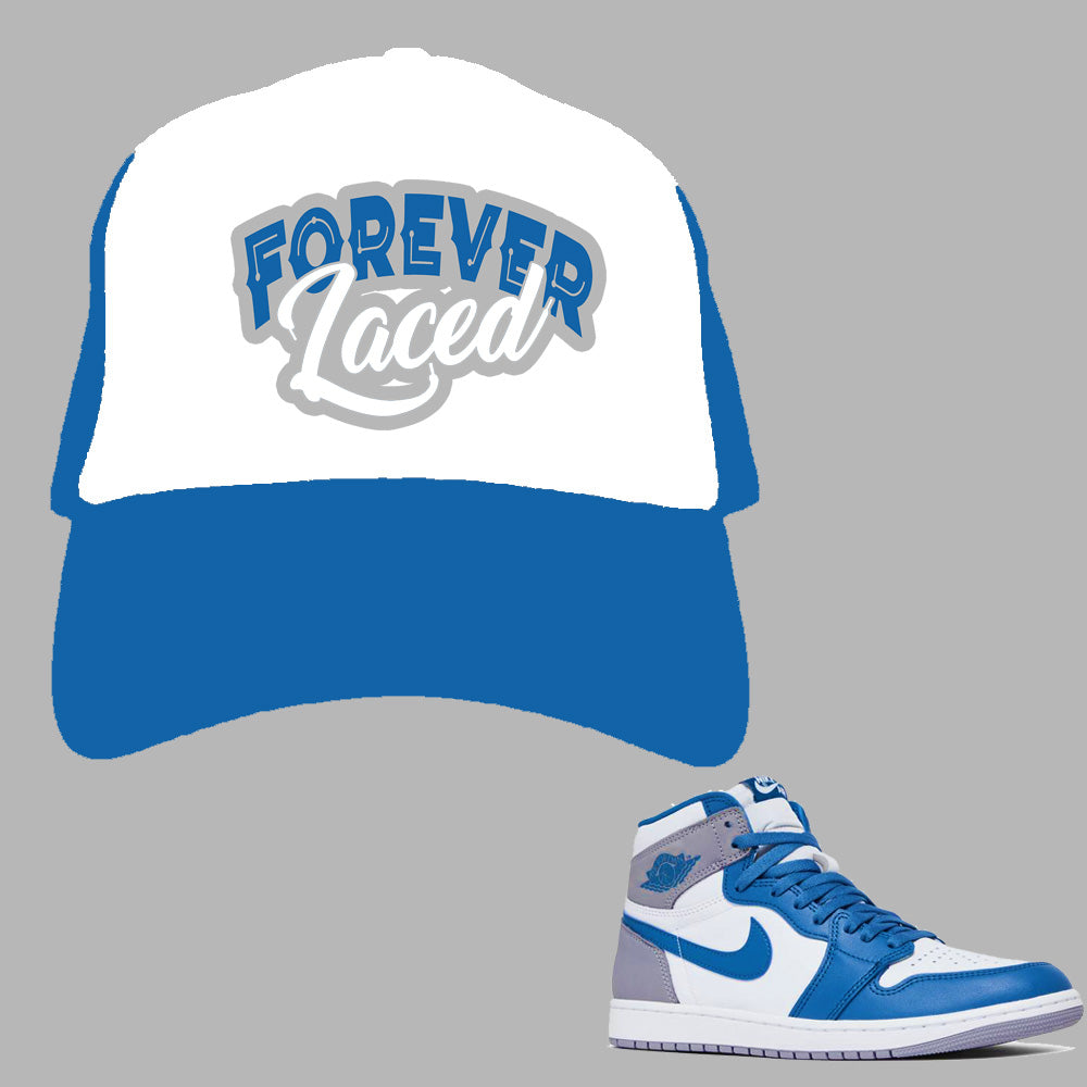 Forever Laced Laced Mesh Trucker Hat to match Retro Jordan 1 True Blue sneakers