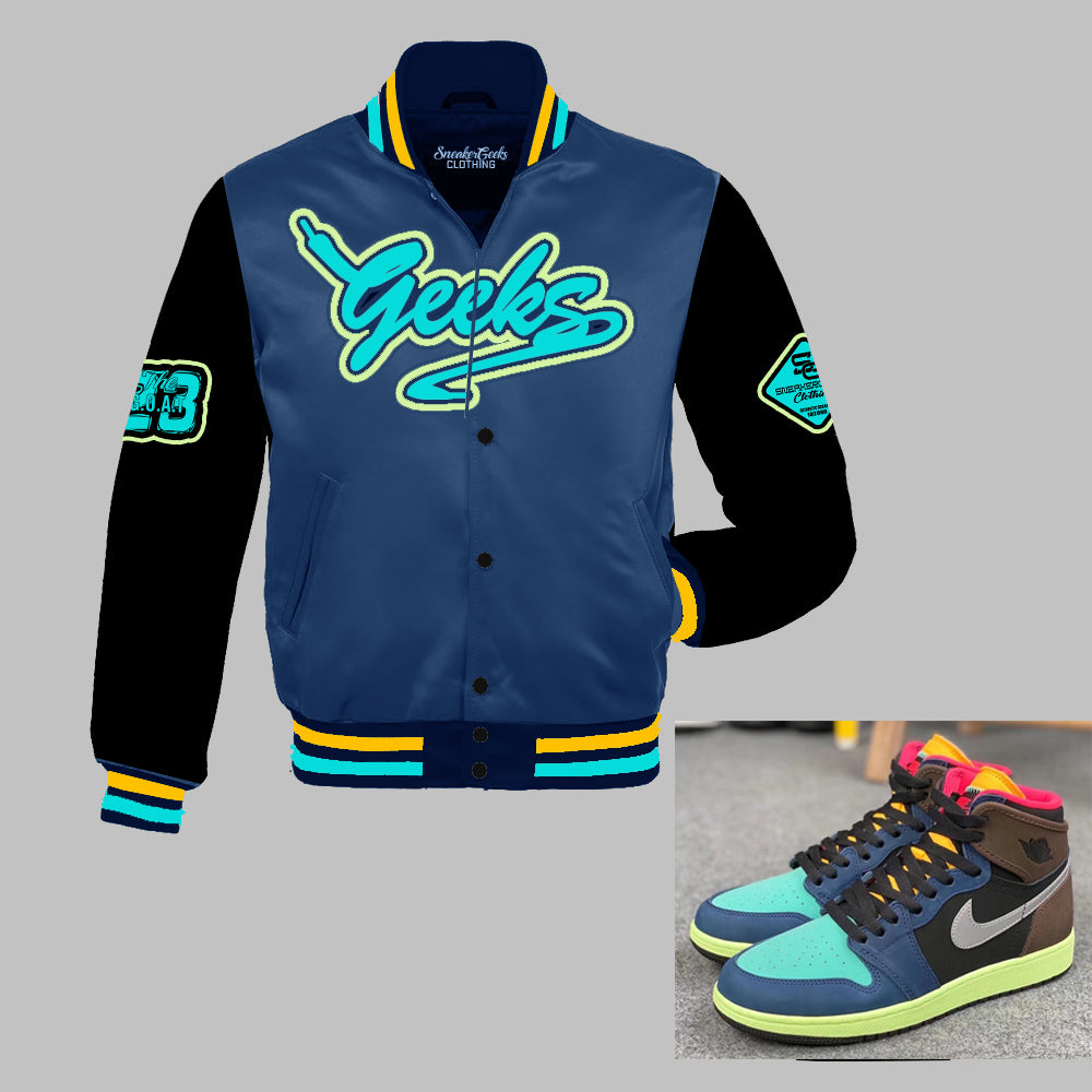 GEEKS Satin Jacket to match the Retro Jordan 1 Bio Hack sneakers