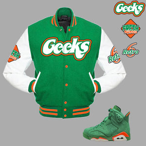 GEEKS Varsity Jacket to match Retro Jordan 6 Gatorade sneakers