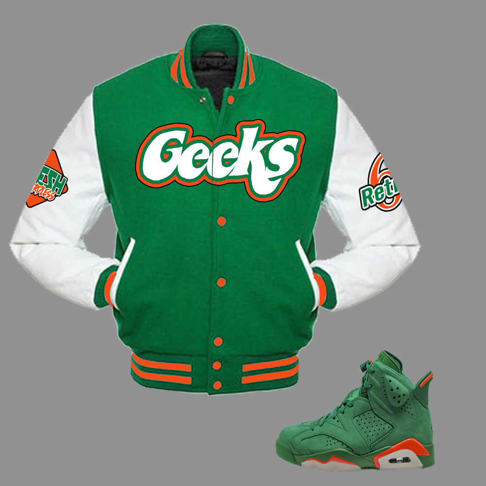 GEEKS Varsity Jacket to match Retro Jordan 6 Gatorade sneakers