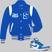 Load image into Gallery viewer, Upper Echelon Vintage Varsity Jacket to match Retro Jordan 1 True Blue sneakers
