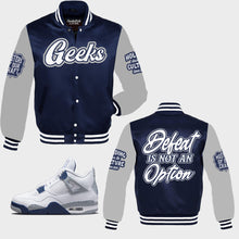 Load image into Gallery viewer, Defeat Is Not An Option Satin Jacket to match Retro Jordan 4 Midnight Navy sneakers
