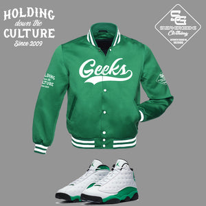 GEEKS Satin Jacket to match the Retro Jordan 13 Lucky Green sneakers