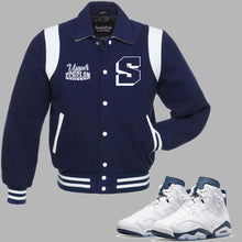 Load image into Gallery viewer, Upper Echelon Vintage Varsity Jacket to match Jordan 6 Midnight Navy sneakers
