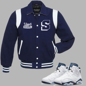 Upper Echelon Vintage Varsity Jacket to match Jordan 6 Midnight Navy sneakers